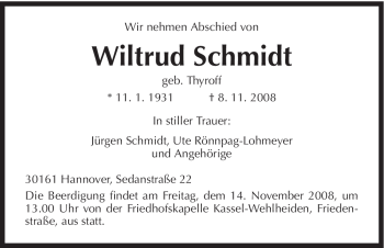 Todesanzeige von Wiltrud Schmidt von HNA