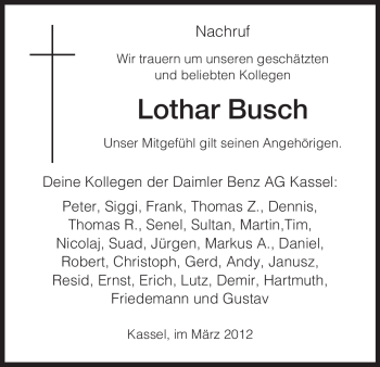 Todesanzeige von Lothar Busch von HNA