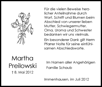 Todesanzeige von Martha Preilowski von HNA