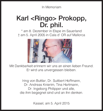 Todesanzeige von Karl Ringo Prokopp von HNA