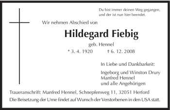 Todesanzeige von Hildegard Fiebig von HNA