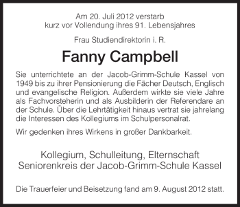 Todesanzeige von Fanny Campbell von HNA