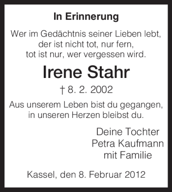 Todesanzeige von Irene Stahr von HNA