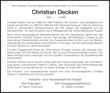 Todesanzeige von Christian Decken von HNA