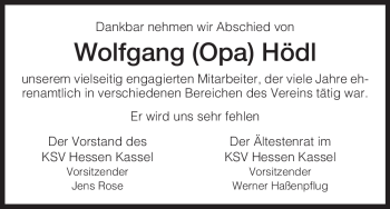 Todesanzeige von Wolfgang Hödl von HNA