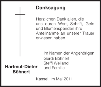 Todesanzeige von Hartmut-Dieter Böhnert von HNA