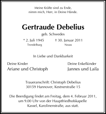 Todesanzeige von Gertraude Debelius von HNA