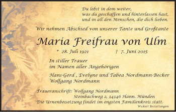 Todesanzeige von Maria Freifrau von Ulm von HNA