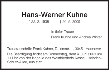 Todesanzeige von Hans-Werner Kuhne von HNA