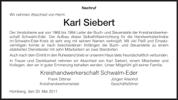 Todesanzeige von Karl Siebert von HNA
