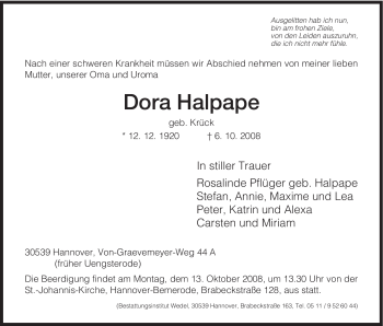 Todesanzeige von Dora Halpape von HNA