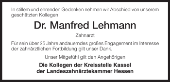 Todesanzeige von Manfred Lehmann von HNA