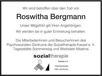 Todesanzeige von Roswitha Bergmann von HNA