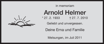 Todesanzeige von Arnold Helmer von HNA