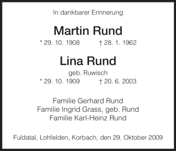 Todesanzeige von Martin Rund von HNA