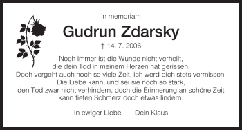 Todesanzeige von Gudrun Zdarsky von HNA