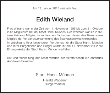 Todesanzeige von Edith Wieland von HNA