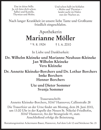 Todesanzeige von Marianne Möller von HNA