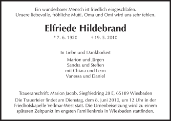 Todesanzeige von Elfriede Hildebrand von HNA