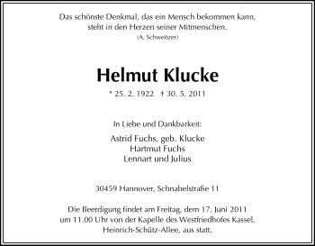 Todesanzeige von Helmut Klucke von HNA