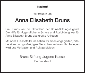 Todesanzeige von Anna Elisabeth Bruns von HNA