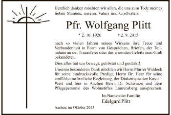 Todesanzeige von Wolfgang Plitt von HNA