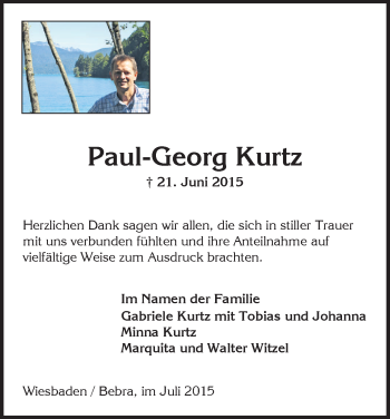Todesanzeige von Paul-Georg Kurtz von HNA