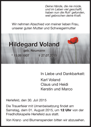 Todesanzeige von Hildegard Voland von HNA