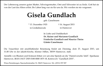 Todesanzeige von Gisela Gundlach von HNA