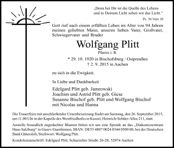 Todesanzeige von Wolfgang Plitt von HNA