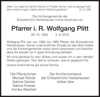 Todesanzeige von Wolfgang Plitt von HNA