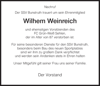 Todesanzeige von Wilhem Weinreich von HNA