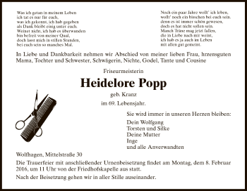 Todesanzeige von Heidelore Popp von HNA