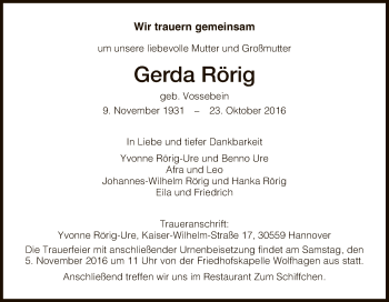 Todesanzeige von Gerda Rörig von HNA