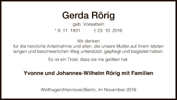 Todesanzeige von Gerda Rörig von HNA