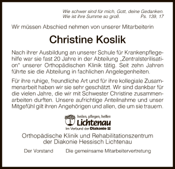 Todesanzeige von Christine Koslik von HNA