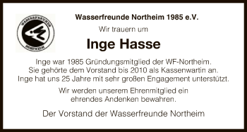 Todesanzeige von Inge Hasse von HNA