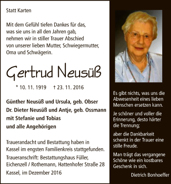 Todesanzeige von Gertrud Neusüß von HNA