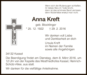 Todesanzeige von Anna Kreft von HNA