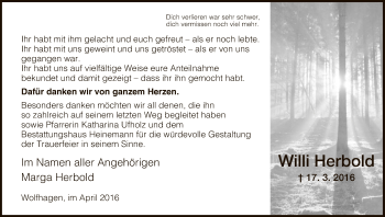 Todesanzeige von Willi Herbold von HNA