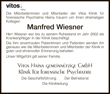 Todesanzeige von Manfred Wiesner von HNA