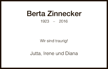 Todesanzeige von Berta Zinnecker von HNA