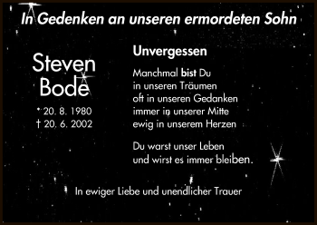 Todesanzeige von Steven Bode von HNA