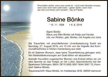 Todesanzeige von Sabine Bönke von HNA