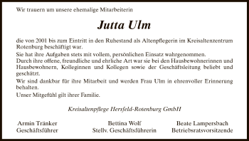 Todesanzeige von Jutta Ulm von HNA