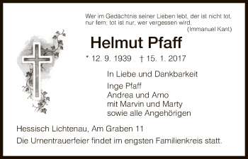 Todesanzeige von Helmut Pfaff von HNA