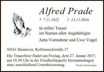 Todesanzeige von Alfred Prade von HNA