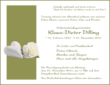 Todesanzeige von Klaus-Dieter Dilling von HNA