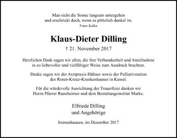 Todesanzeige von Klaus-Dieter Dilling von HNA