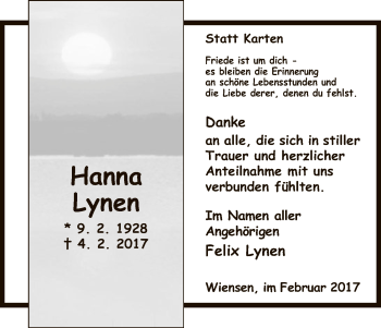 Todesanzeige von Hanna Lynen von HNA